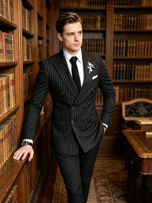 Fashion 2 Piece Black StripMen's Suits Peak Lapel Double Breasted Blazer Pants Business/Wedding Tuxedos Prom Party Men Suits