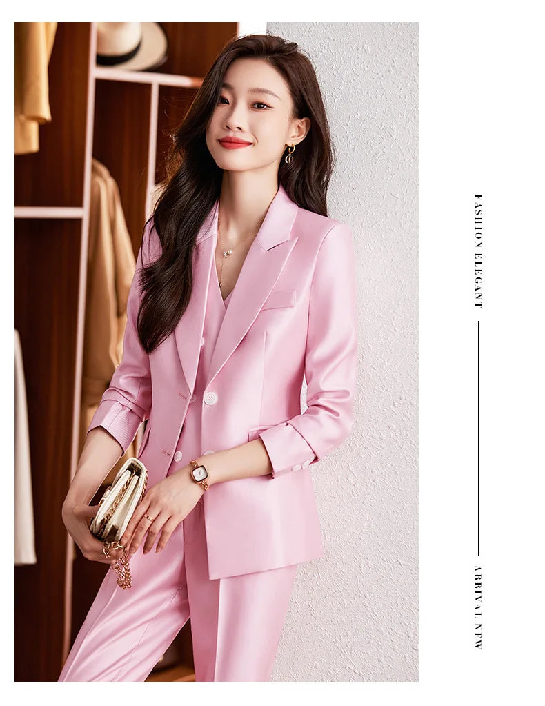 Fashion Elegant Pink High-End Small Business Suit Coat2022Autumn and Winter Elegant Vest Suit Three-Piece Korean Women's Clothin