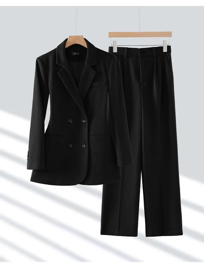 Autumn Winter 2024 New Apricot Coffee Black Elegant Double Breasted Blazer Top And Women High Waist Wide Leg Pant Two Piece Set