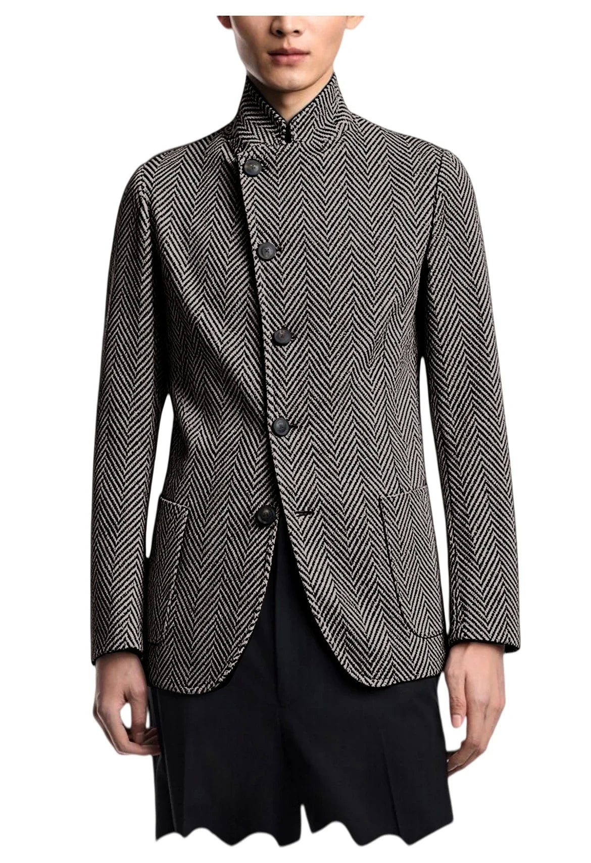 Men's Herringbone Tweed Blazer Stand Collar Slim Fit Business Casual Suit Jacket Spring Daily Commute Lightweight Sport Coat