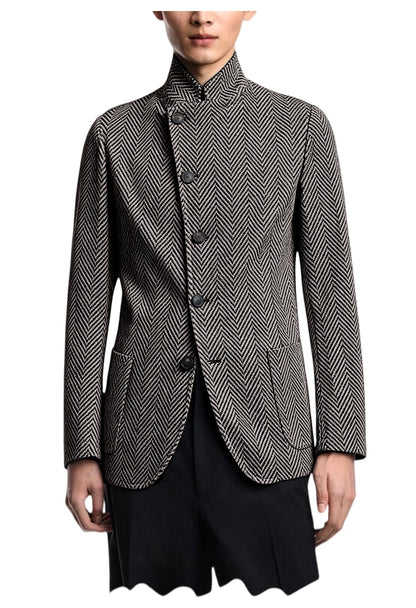 Men's Herringbone Tweed Blazer Stand Collar Slim Fit Business Casual Suit Jacket Spring Daily Commute Lightweight Sport Coat