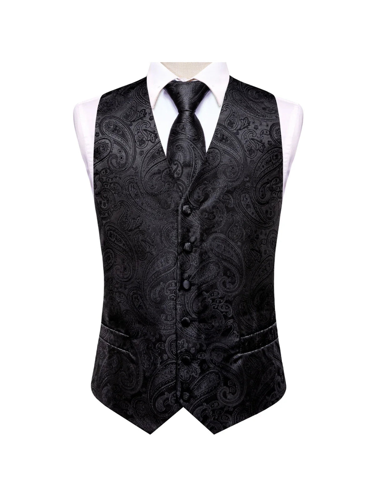 Men's Double Breasted Suit Vest Jacquard Waistcoat with Necktie and Pocket Square for Formal Occasions – Black Paisley