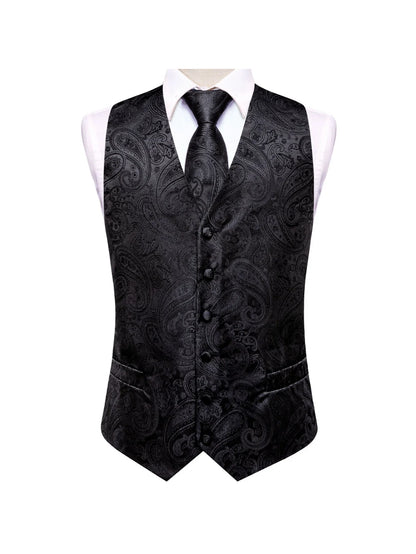 Men's Double Breasted Suit Vest Jacquard Waistcoat with Necktie and Pocket Square for Formal Occasions – Black Paisley