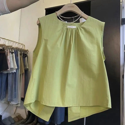 Korean Loose Fit Round Neck Sleeveless Vest 2025 Summer Women's Pure Top Split at Back Shirt