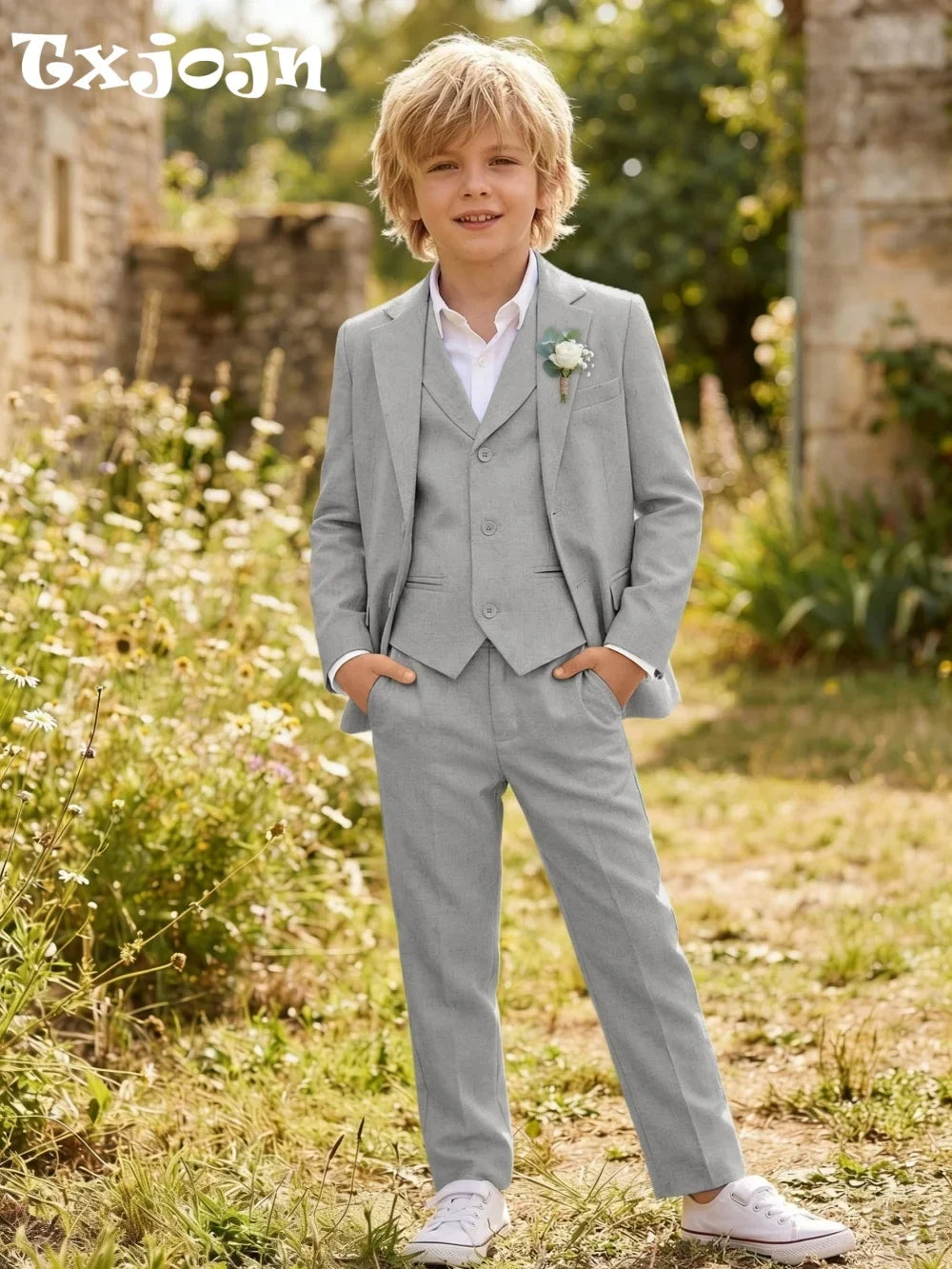Summer Linen Boys Suit Set 3 Pieces Beach Wedding Wear Casual Notched Lapel Kids Slim Fit Tuxedo For Birthday Party 2-20T