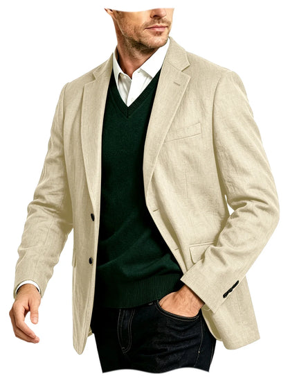 Men's Linen Blazer Notch Lapel Two-Button Sport Coat for Wedding and Daily Wear