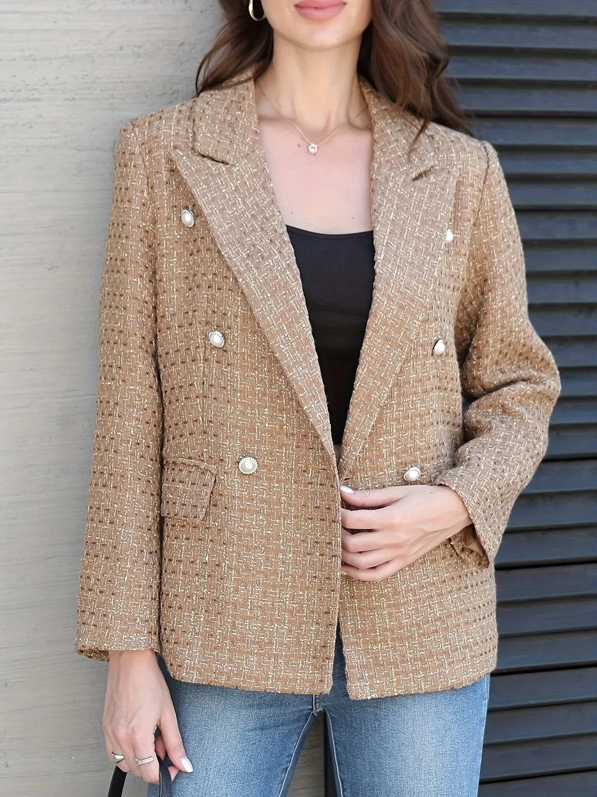 New Plaid Print Double-Breasted Suit Jacket Workwear Stylish Checkered Patterned Formal Outerwear for Professional Settings