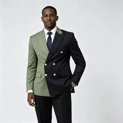 Costume Homme Vert Noir Contraste Couleurs Coupe Slim Double Boutonnage 2 Pièces Tuxedo Mariage Poches à Rabats Boutons de Manchette Tenue de Bureau