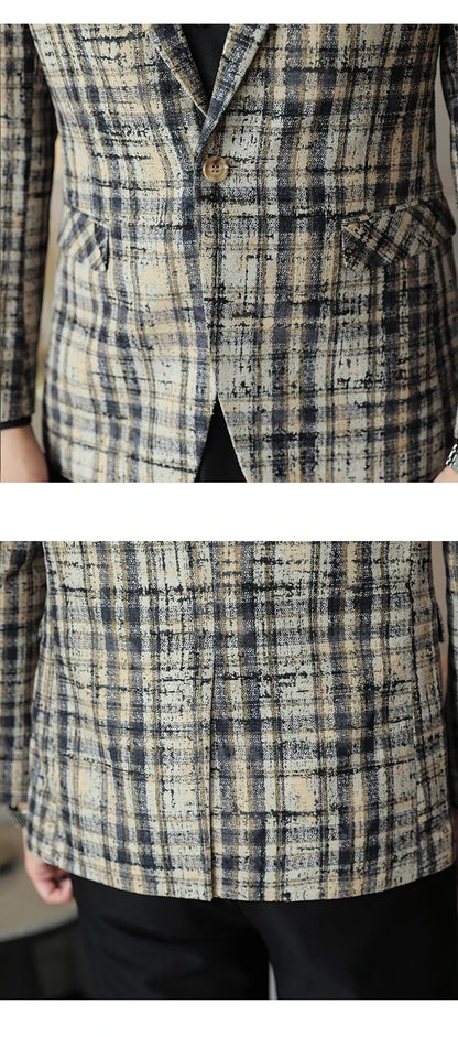 British Style Plaid Woven Casual Suit Jacket for Men Slim Fit Business Social Dress Coats Wedding Party Banquet Office Blazers