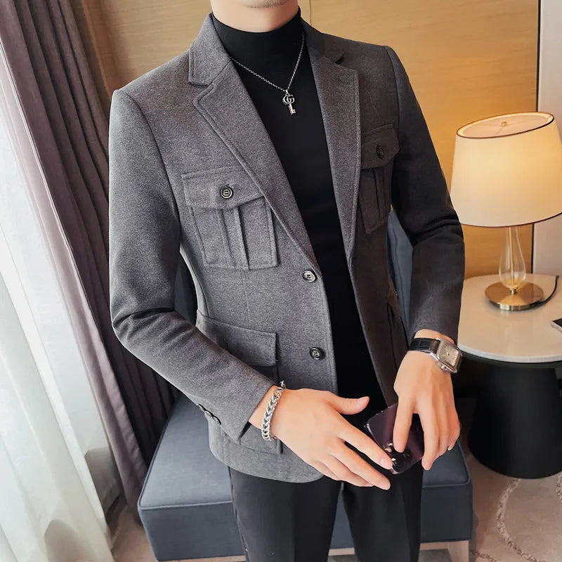 Winter Woolen Suit Jacket for Men Multiple Pockets Slim Fit Casual Business Blazers Masculino Wedding Streetwear Social Coats