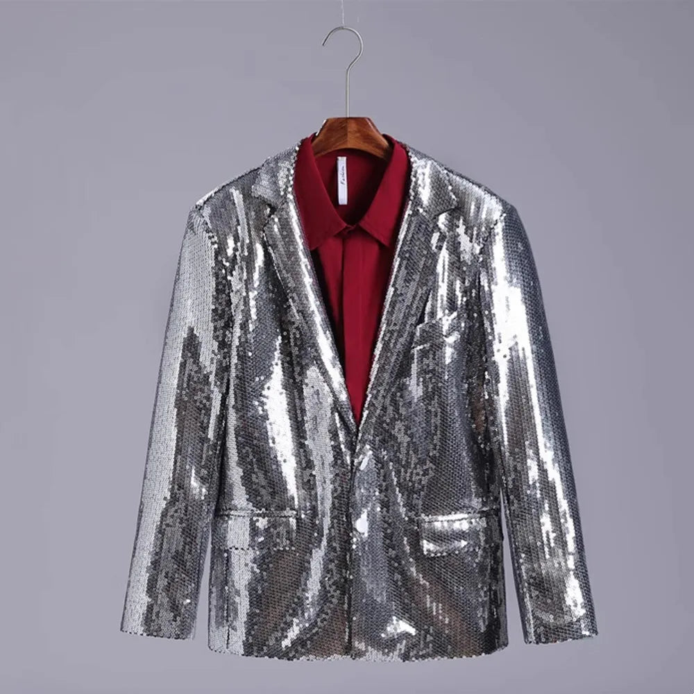 Men's Casual Blazers Suit Jackets Singer Silver Sequins Party Glitter Club Bar Concert Shiny Coat Stage Performance Costume