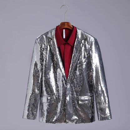 Men's Casual Blazers Suit Jackets Singer Silver Sequins Party Glitter Club Bar Concert Shiny Coat Stage Performance Costume