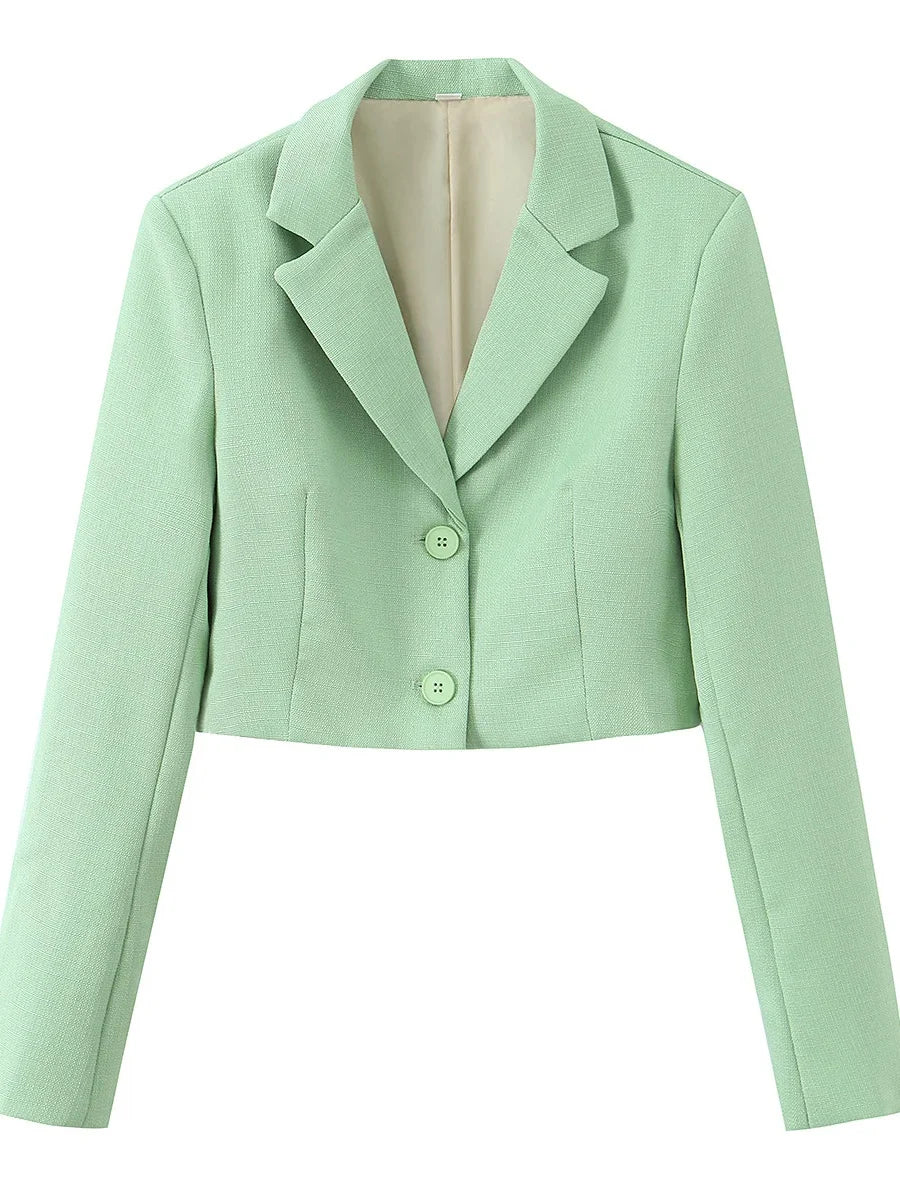 Spring Commuter Style Short Blue Suit Jacket Women's Fashionable Versatile Single Button Flip Collar Top Thin Long Sleeve