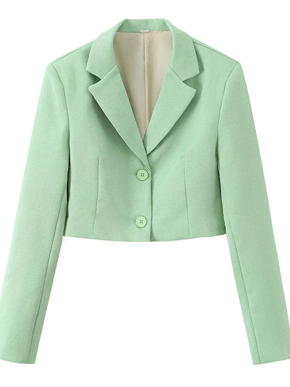 Spring Commuter Style Short Blue Suit Jacket Women's Fashionable Versatile Single Button Flip Collar Top Thin Long Sleeve