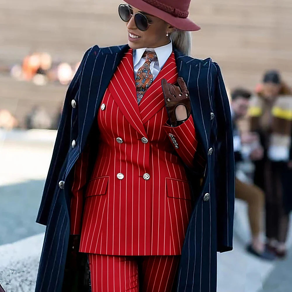 Formal Women's Burgundy Pinstripe Suit with Navy Blue Striped Coat Double Breasted 3Piece Set Elegant Evening Party Outerwears