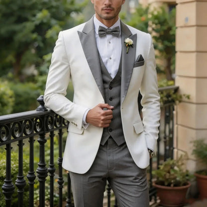 Men Suit Cream 3 Pieces Single Button With Lapel For Wedding Birthday Banquet Party Business Work Office Jacket Vest Pants