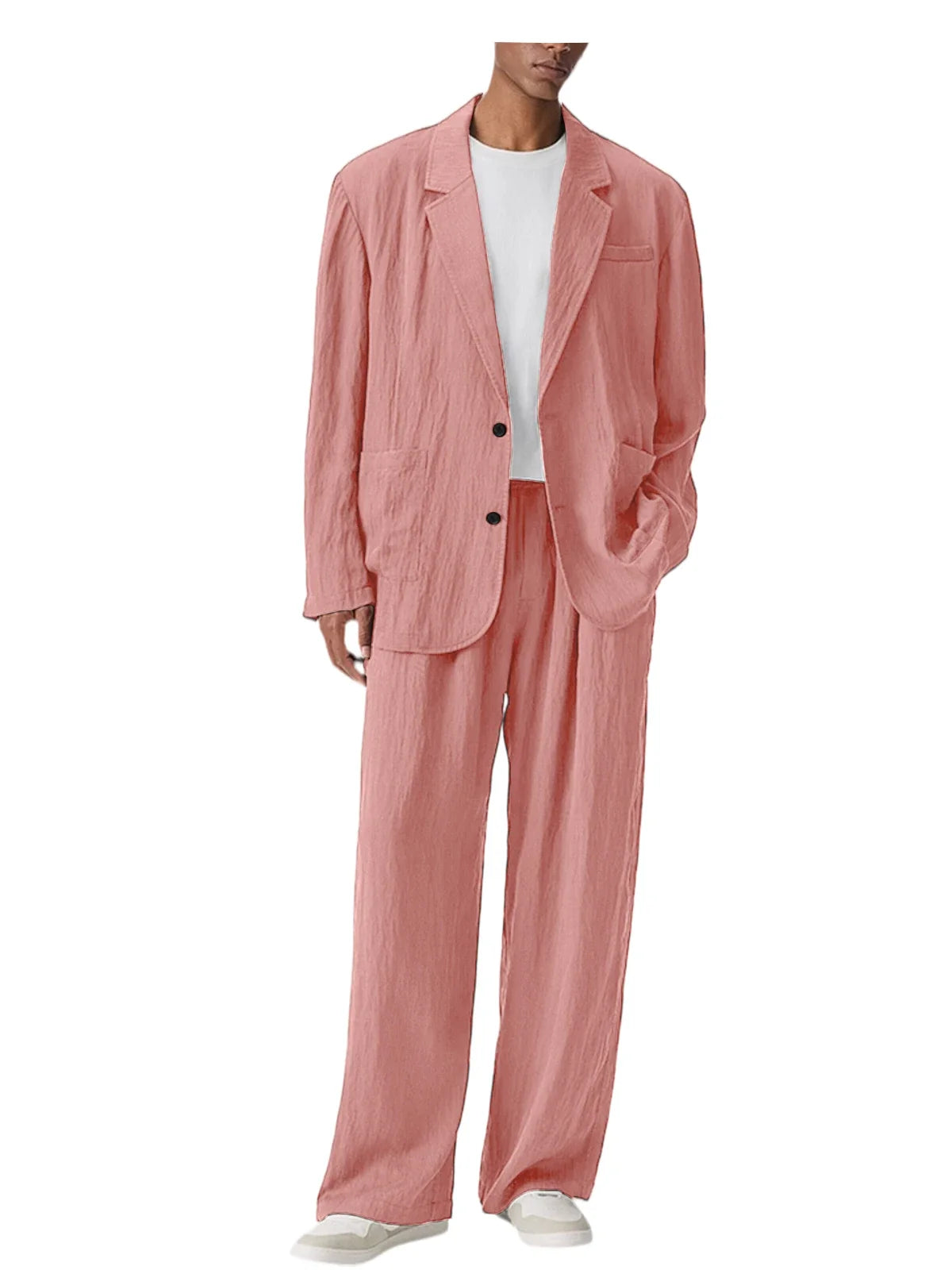 Men's Linen Blend Wrinkled Two Piece Suit Loose Two Button Blazer Wide Leg Trousers Casual Vacation Daily Soft Breathable Outfit