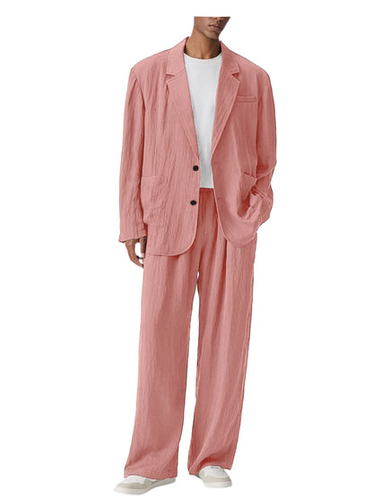 Men's Linen Blend Wrinkled Two Piece Suit Loose Two Button Blazer Wide Leg Trousers Casual Vacation Daily Soft Breathable Outfit