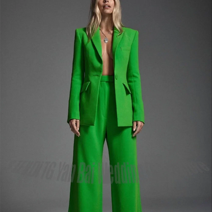 Bright Green Women Two Piece Suit Set Single Button Blazer High Waist Wide Leg Pants Elegant Office Business Formal Outfit