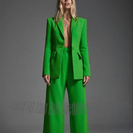 Bright Green Women Two Piece Suit Set Single Button Blazer High Waist Wide Leg Pants Elegant Office Business Formal Outfit