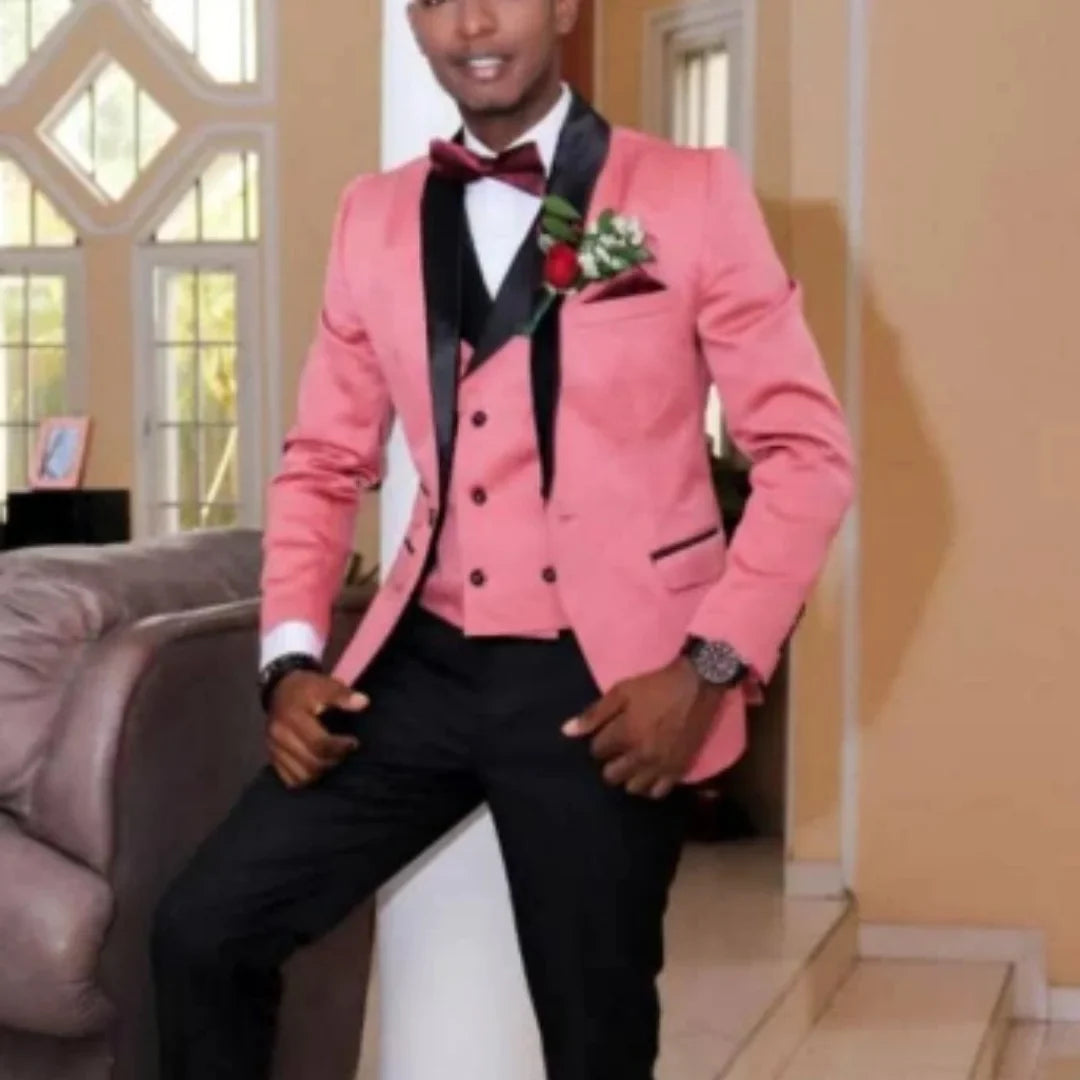New Men's Suit 3 Pieces Casual Slim Fit Pink Notch Lapel Vest Best Man Tuxedos For Wedding Party Suits(Blazer+vest+Pants)