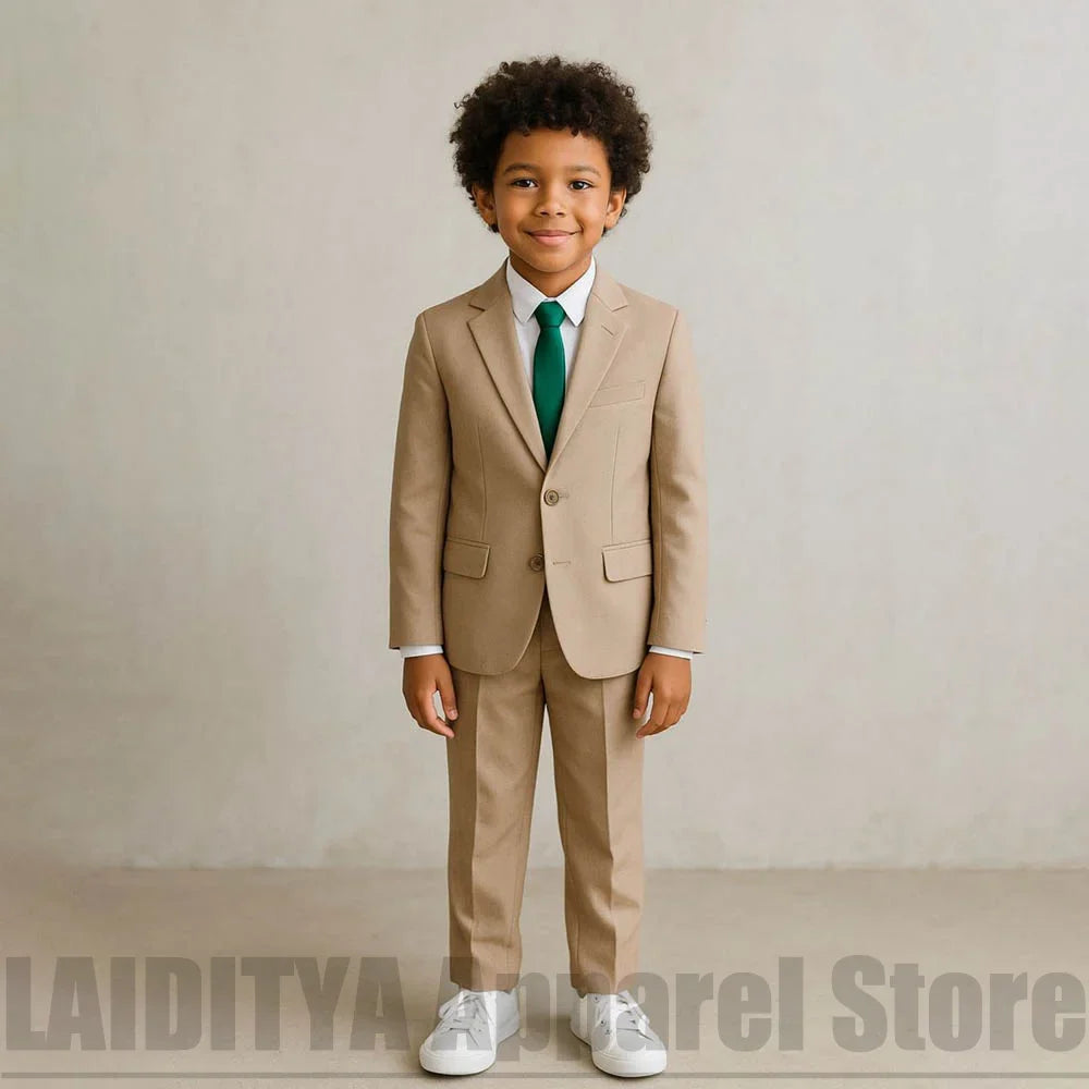 Fashion Boys Khaki 2 Piece Suit Set Kids Gentleman Costume For Birthday Party Formal Wedding Children Outfit Blazer Pants