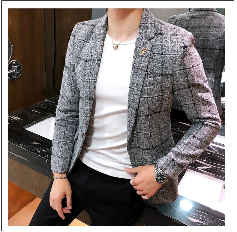 2025 New Men's Casual Plaid Suit Jacket Male Linen Plaid Business Self-cultivation Wedding Dress Party Suit Coat Plus Size S-5XL