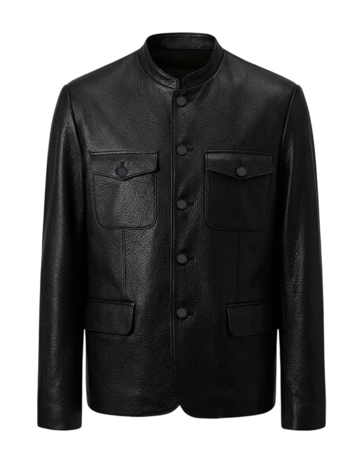 Men Premium Leather-Like Stand Collar Jacket Single Breasted Casual Multi-Pocket Slim Fit Business Outerwear