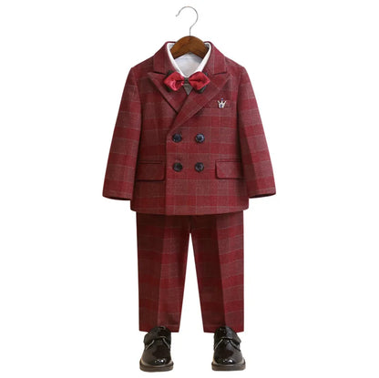 Flower Boys Wedding Outfit Kids Spring Autumn Jacket Vest Pants Bowtie Brooch 5Pieces Suit Set Children's Performance Costume