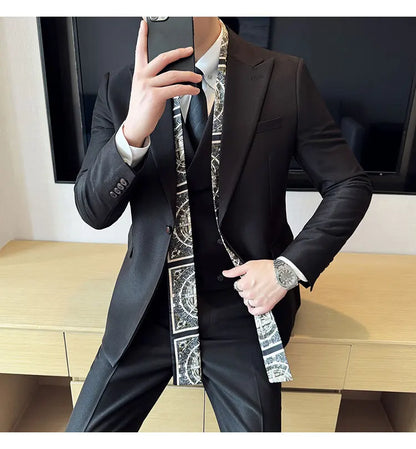 Scarf With Design Double Collar Suit Men's Business Casual Groom Wedding Slim Fit Suit Tuxedo 3-piece Set (Jacket+Vest+Pant)