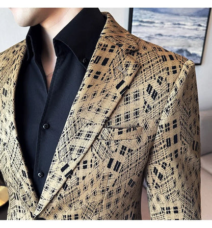Korean Slim Fit Casual Suit Jacket for Men Fashion Camouflage Business Social Blazers Wedding Streetwear Dress Coat Men Clothing