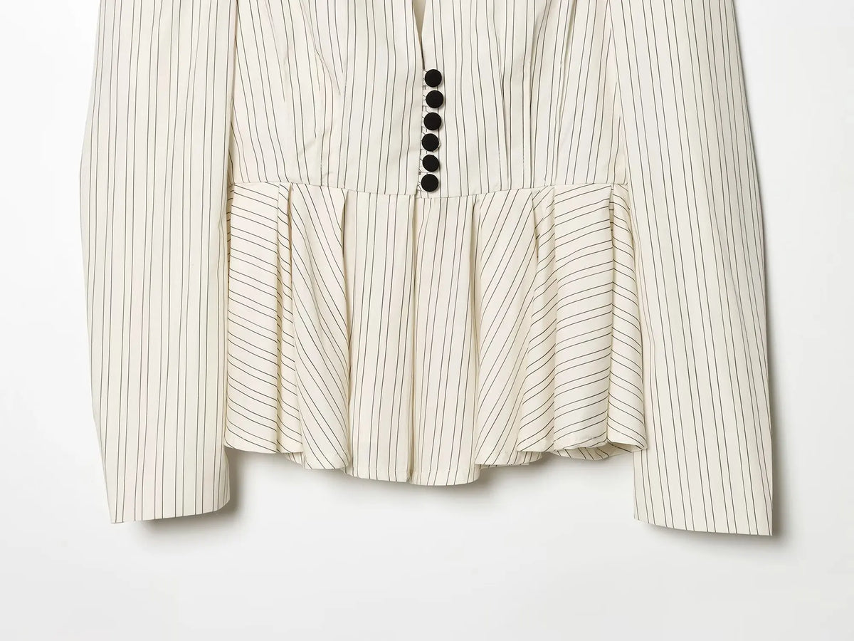 Women Fashion Striped Pleated Single Breasted Blazer Vintage V-Neck Long Sleeves Female Chic Lady Outfits