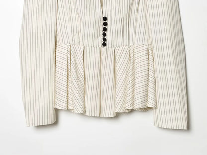 Women Fashion Striped Pleated Single Breasted Blazer Vintage V-Neck Long Sleeves Female Chic Lady Outfits