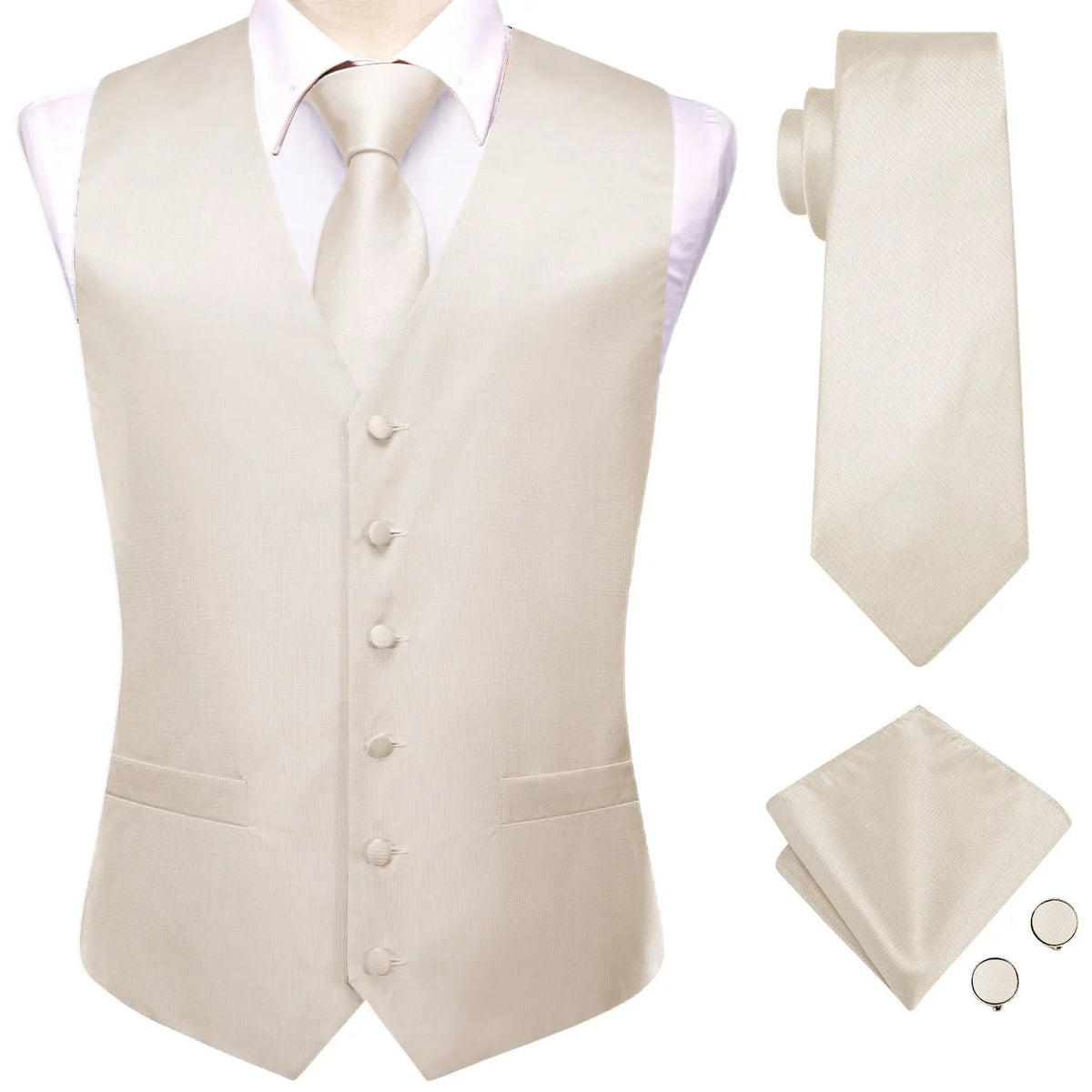 Men's Suit Vest Set with Tie Hanky and Cufflinks – Beige Paisley Waistcoat for Weddings and Formal Occasions