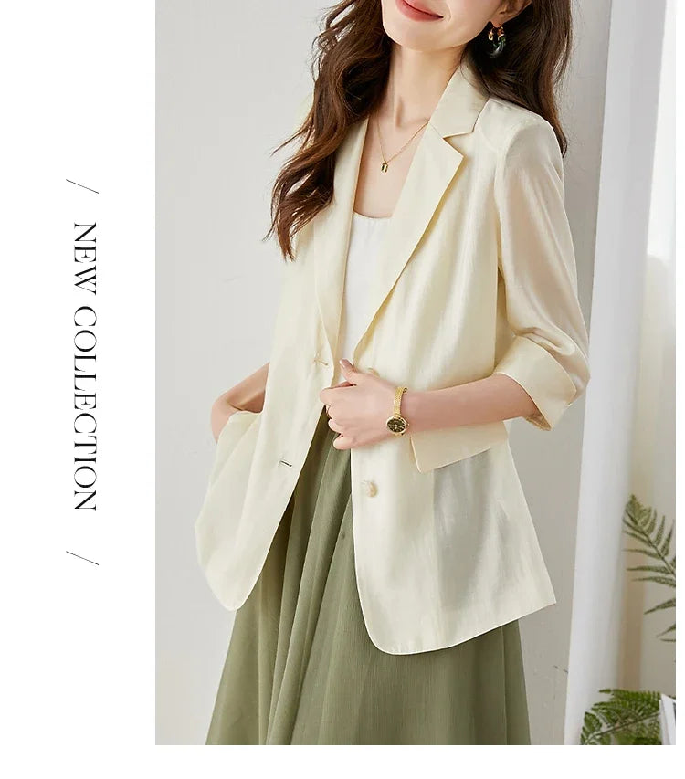 Casual Lyocell Suit Blazers Women 2026 Autumn Fashion Transparent Lightweight Three Quarter Sleeve Office Ladies Blazers