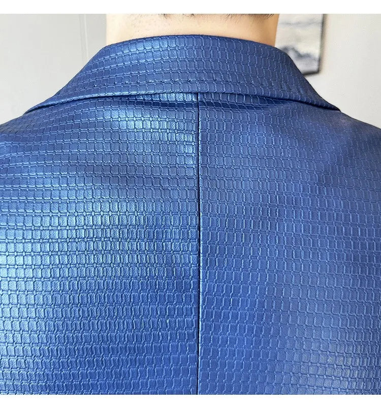 Korean Waffle Leather Suit Jacket Men's Business Casual PU Leather Blazer Slim Fit Wedding Groom Office Social Formal Coats 2026