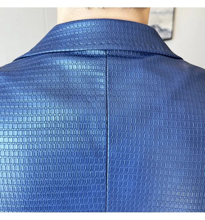Korean Waffle Leather Suit Jacket Men's Business Casual PU Leather Blazer Slim Fit Wedding Groom Office Social Formal Coats 2026