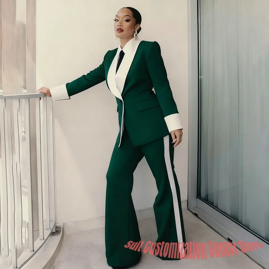 Autumn New 2Piece Clothing Green&White Women's Suit Single Breasted Shawl Lapel Blazer Pant Set Elegant Formal Office Outerwears