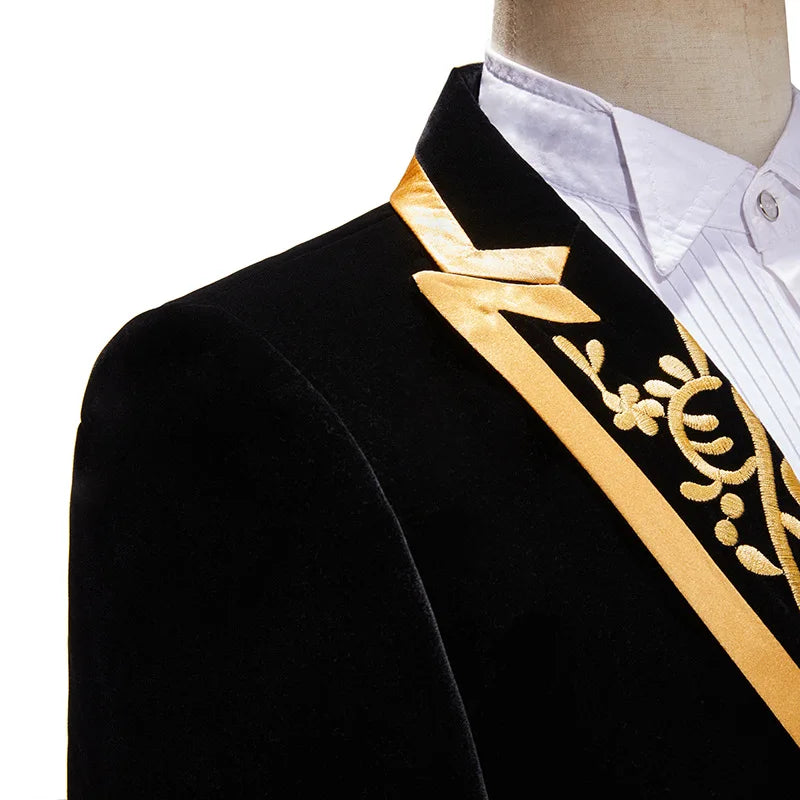 Men's Black Velvet Embroidery Formal Blazers Slim Fit Single Button Suit Jacket Singer Host Stage Banquet Prom Tuxedo Costume