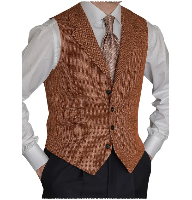 Men's Herringbone Vest – Slim Fit Tailored Collar Waistcoat for Men – Smart Casual & Wedding