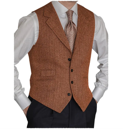 Men's Herringbone Vest – Slim Fit Tailored Collar Waistcoat for Men – Smart Casual & Wedding