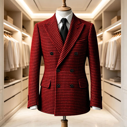Men's Double Breasted Houndstooth Suit Jacket Classic Slim Fit Groom Wedding Blazer