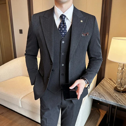 (Blazer + Vest + Trousers) 2024 New Men Formal Business Solid Suit 3 Pieces Set Italian Style Luxury Wedding Social Party Tuxedo