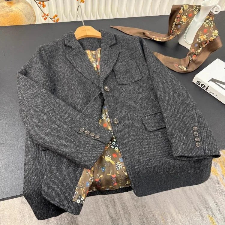 Autumn Office Ladies Work Mid Long Loose Fit Woolen Blazer Jacket Single Breasted Women Vintage Business Casual Suit Coat Blazer