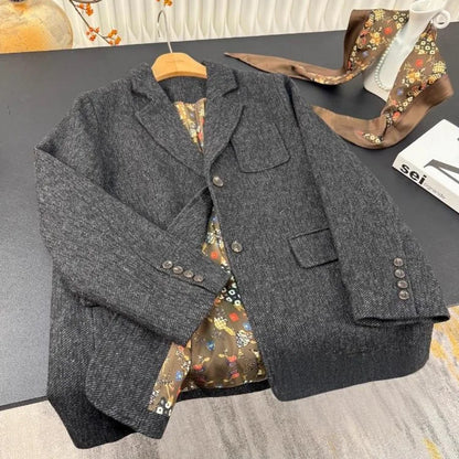 Autumn Office Ladies Work Mid Long Loose Fit Woolen Blazer Jacket Single Breasted Women Vintage Business Casual Suit Coat Blazer