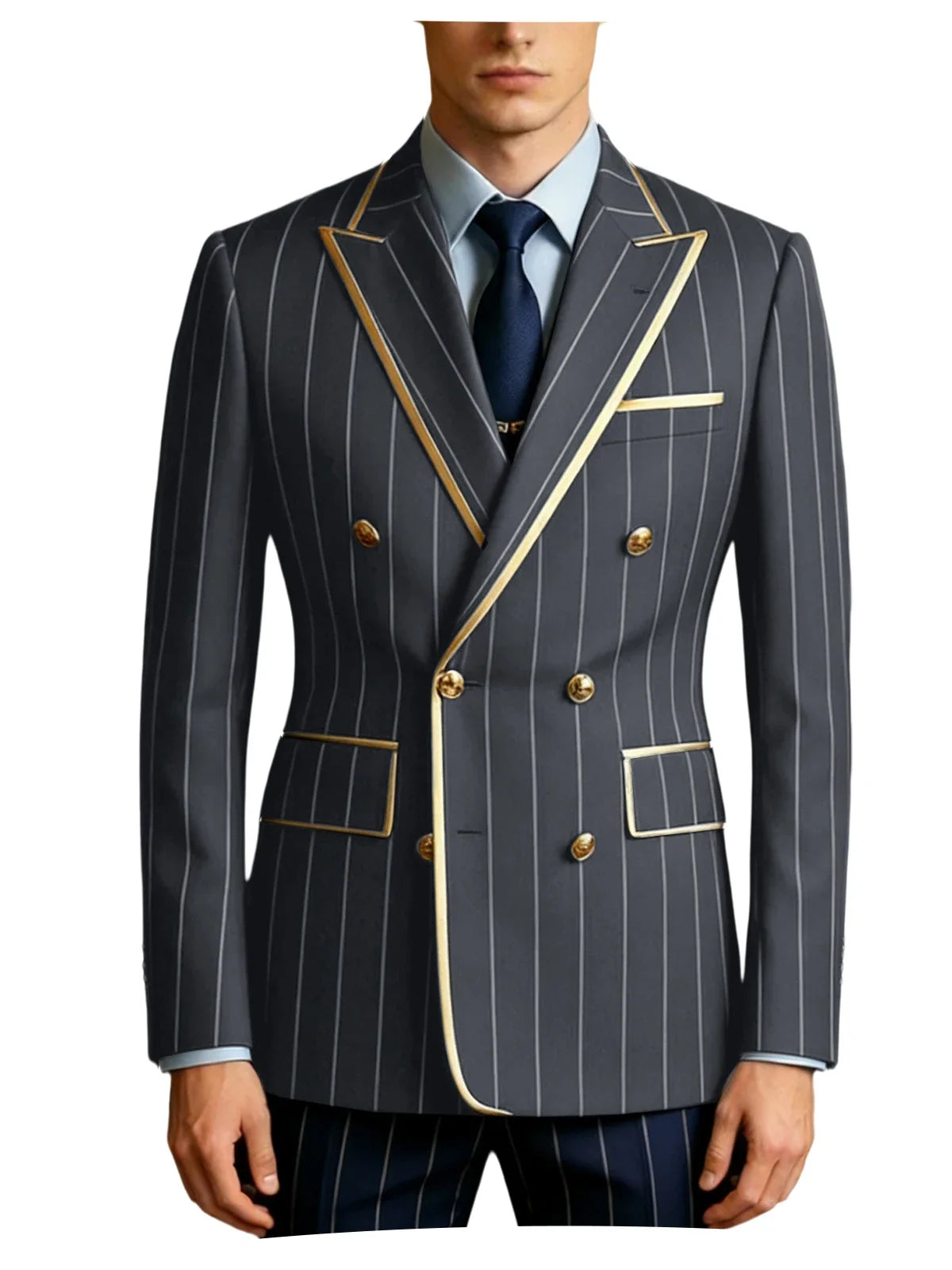 Men's Pinstripe Blazer Double Breasted Gold Trim Slim Fit Suit Jacket Peak Lapel Business Formal Tuxedo Coat for Wedding Prom
