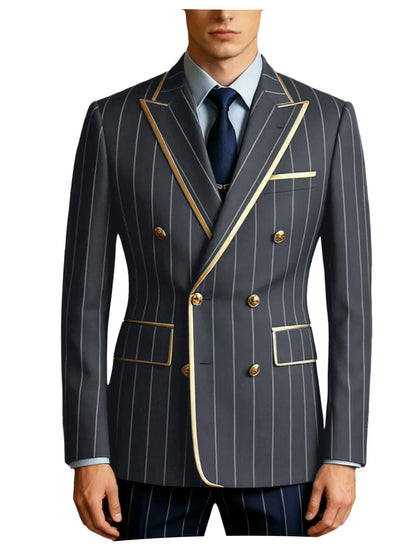 Men's Pinstripe Blazer Double Breasted Gold Trim Slim Fit Suit Jacket Peak Lapel Business Formal Tuxedo Coat for Wedding Prom