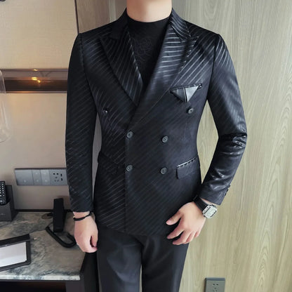 British Style Double Breasted Suit Jacket Men Striped Casual Business Blazers High Quality Wedding Social Banquet Dress Coats