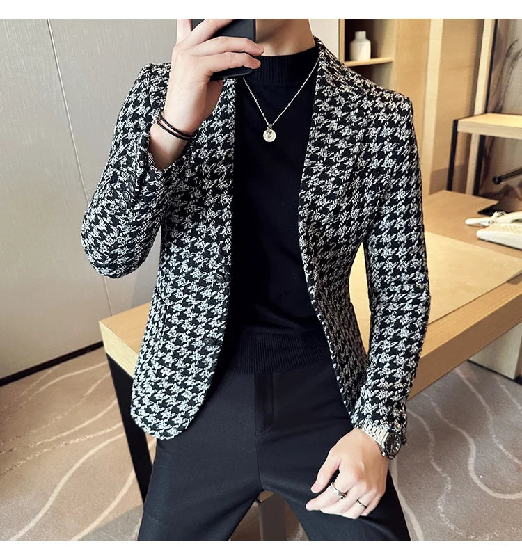 2023 Autumn Winter Plaid Men Blazers Thickened Casual Business Suits Jackets Single Buckle Wedding Groom Streetwear Social Coat