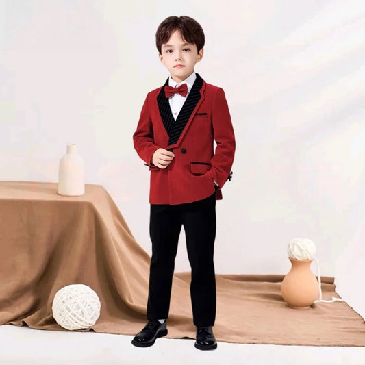 Spring Autumn Kids Blazer Vest Pants Bowtie 4Pieces Outfit Boy Birthday Party Wedding Host Piano Performance Costume